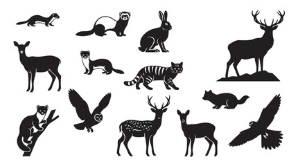 Fototapeta premium Wild forest animals and birds silhouette set for hunting and nature design.
