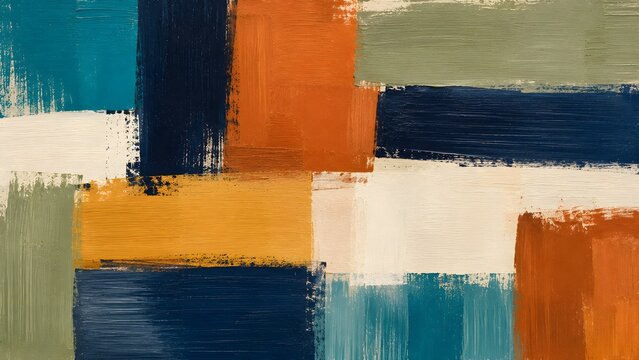 Abstract oil painting with bold rectangular brushstrokes in blue, orange, yellow, and green tones