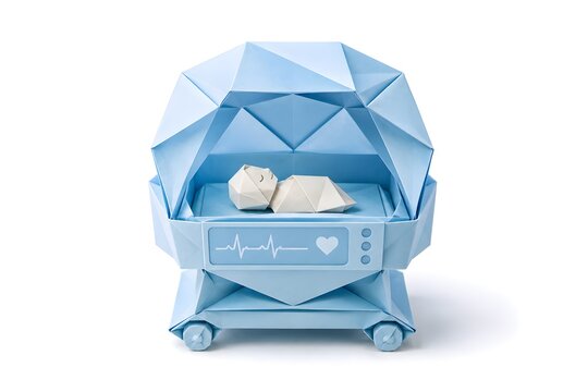 Paper Origami Baby Incubator with Folded Dome Isolated on White Background