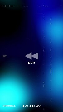 Retro VHS rewind effect with blue light leaks and glitchy analog textures featuring a digital timecode and rewind symbol for nostalgic video transitions