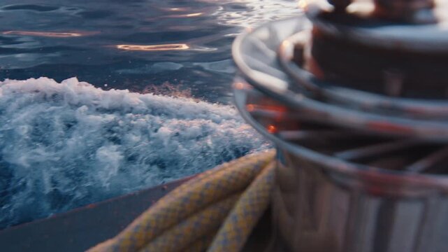 Sailing boat moves in the Atlantic Ocean, details of the vessel. Sunset as seen from the moving sailing boat with winch on the foreground