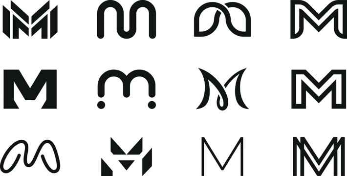 Collection of twelve different m letter logo concept designs with alphabet