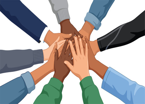 Diverse group of people stacking their hands together in unity and teamwork vector illustration design