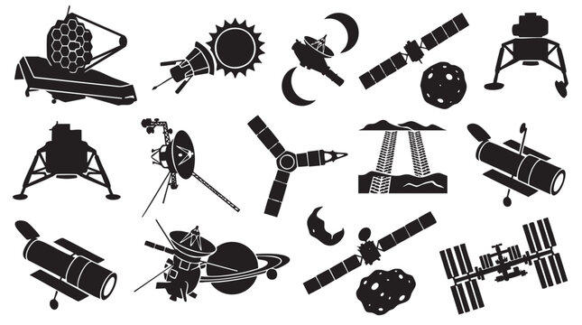 Set of black silhouettes of space exploration technology and satellites.