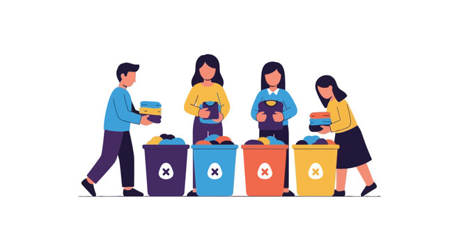 Flat vector illustration of people sorting clothes for donation