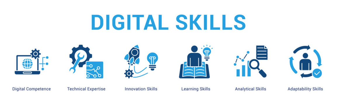 Digital Skills web banner icon concept,  with Digital Competence, Technical Expertise, Innovation Skills, Learning Skills, Analytical Skills, Adaptab.