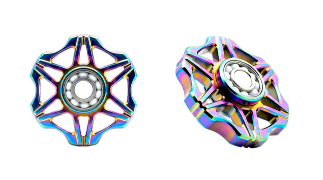 Metallic fidget spinner with iridescent rainbow finish shown in front and perspective views isolated on transparent background featuring ball bearing center for stress relief and toy ads.
