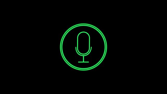 green radio wave and voice recording podcast mic microphone button icon animation on black background. 4k video