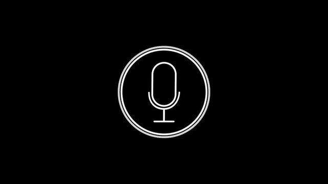 White color radio wave and voice recording podcast mic microphone button icon animation on black background. 4k video