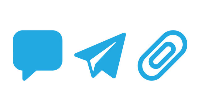 Minimalist blue UI icon set containing a chat speech bubble a paper airplane send button and an attachment paperclip with airplane attachment paperclip interface communication