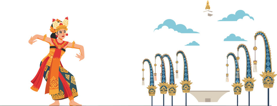 Traditional Balinese legong dancer cartoon character posing near penjor bamboo decorations and Monas national monument vector illustration