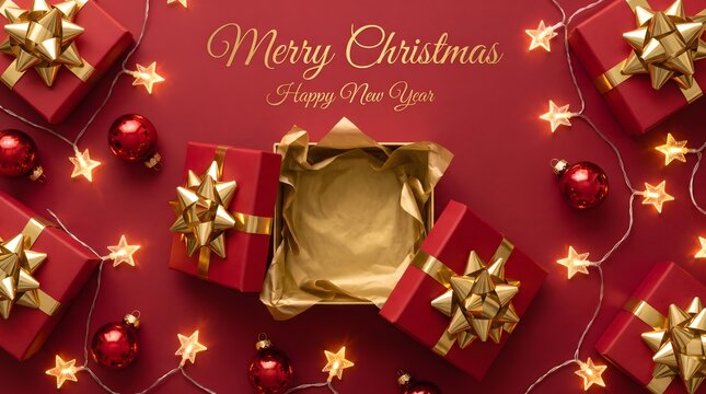 Top view of an open gift box surrounded by red presents and glowing star lights for christmas celebration