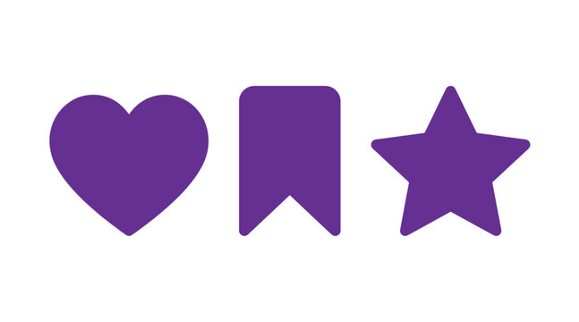 Purple icon collection featuring a heart a bookmark ribbon a star for user favorites and social interaction bookmark favorites interface application feedback internet