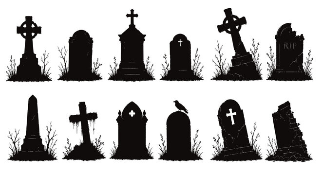 Old cemetery gravestones and crosses black silhouette collection isolated on transparent background vector