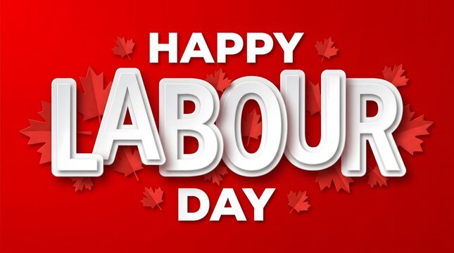Happy labour day greeting card design with bold white 3d typography on a bright red textured background