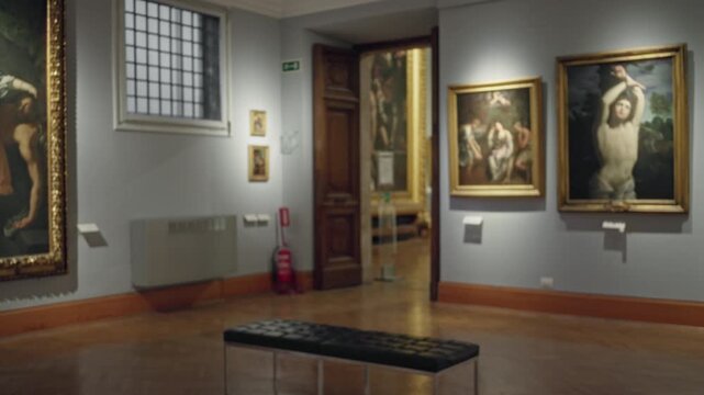 Blurred museum interior with soft bokeh and defocused framed paintings, wooden parquet floor, bench and doorway; background backplate copyspace calm.