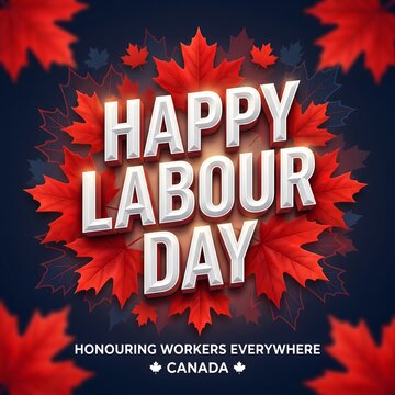 Happy labour day greeting card design with red maple leaves on a dark background for canadian holiday celebration