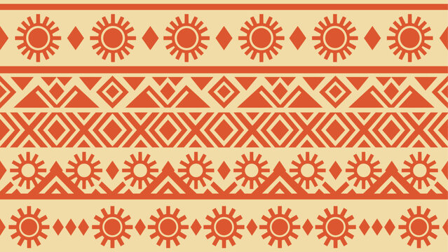 Seamless tribal sunburst border pattern with diamonds and chevrons in warm orange, red, and beige. Flat vector illustration EPS 10.