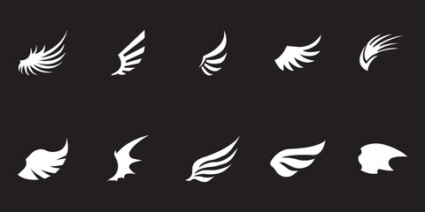 Fototapeta premium Angel wings icon set in flat style, bird wing symbol collection and group, black monochrome vector illustration isolated on transparent background for logo design.