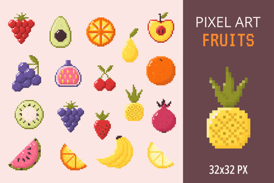 Collection of 8 bit pixel art fruit icons: apple, banana, strawberry, pomegranate, pineapple, and more. Retro game assets on 32x32 grid. Vector illustration for stickers and digital design.