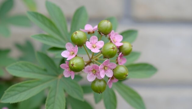 Delicate pink flowers bloom alongside unripe green berries on a leafy branch