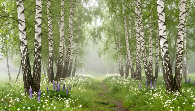 Misty birch forest path lined with wildflowers and lupines in spring