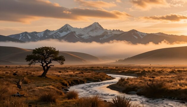 Serene mountain landscape at dawn with a winding river and lone tree