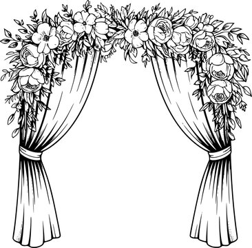 Arco de boda floral con cortinas drapeadas, dibujado a mano