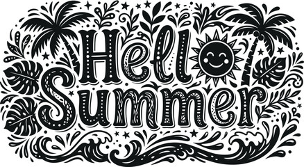 Hello summer tropical beach hand drawn typography illustration with tropical © Rupa