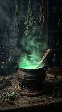 Witch magic cauldron with light