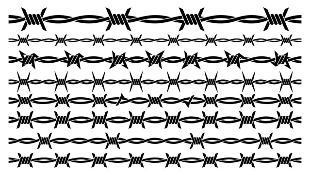 Set of black barbed wire horizontal border elements with sharp metal spikes Vector