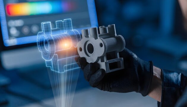 Engineer scanning mechanical part with digital hologram and blueprint overlay, industrial 3D scanning technology concept