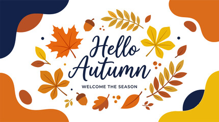 Hello autumn greeting card design with colorful fall leaves and acorns on a decorative background Vector © alien AZ