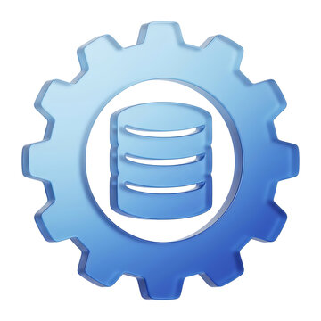 Blue 3D gear icon with database cylinder symbol inside, glossy technology graphic representing data management, server configuration and IT systems