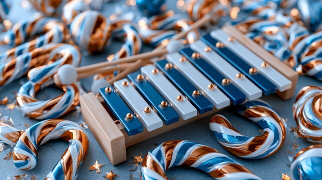 Wooden Xylophone with Candy Canes and Holiday Decorations on Blue Background
