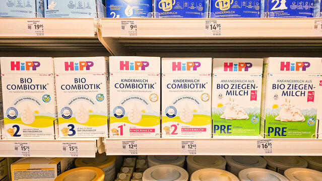 Hipp baby formula products lining supermarket shelf