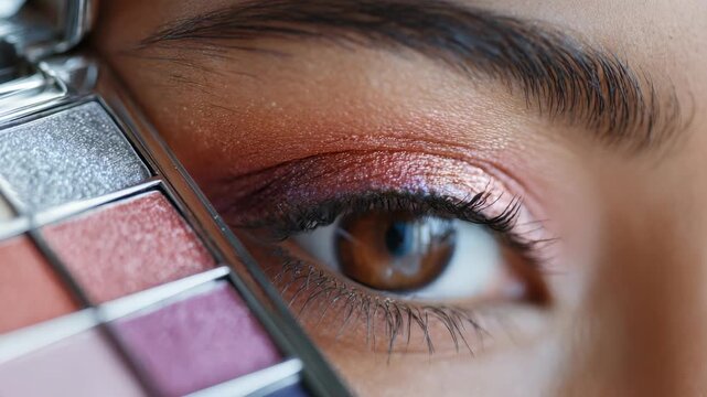 A detailed macro shot highlights flawless eyeshadow application on a woman's eyelid, emphasizing modern beauty trends. The vibrant palette and smooth blending reflect current makeup artistry