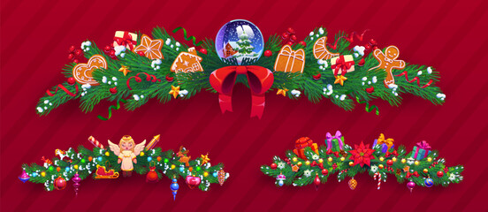 Obraz premium Christmas pine and spruce decoration border frames. Happy New Year decoration element, winter holiday spacer. Christmas border with snow ball, gingerbread cookies, red ribbon bow, poinsettia and gifts