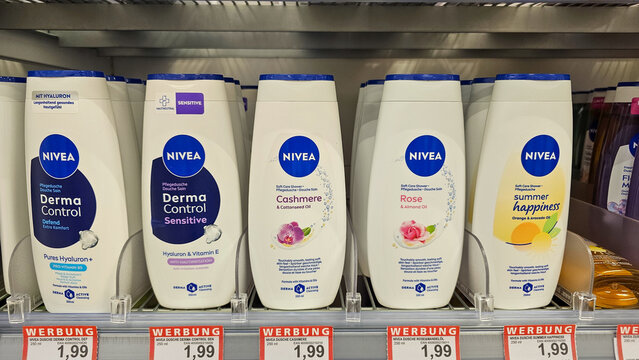 Nivea shower gel products standing on supermarket shelf