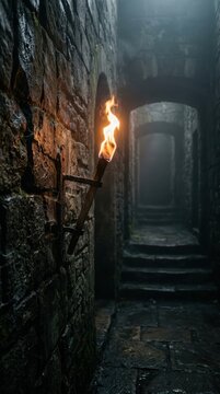 Lit torch on stone wall