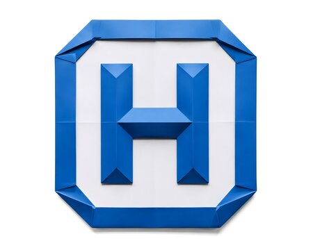 Origami Hospital Sign with H Symbol in Blue and White Paper Isolated on White Background