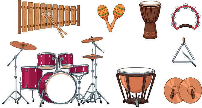 Percussion Musical Instrument Set with Red Drum Kit Xylophone Maracas Djembe Tambourine Cymbals and Timpani Vector Illustration on White