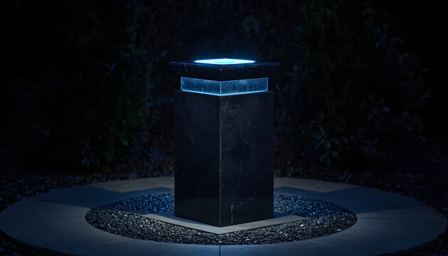 Glowing modern pillar light at night. Illuminated square pedestal in dark outdoor setting.