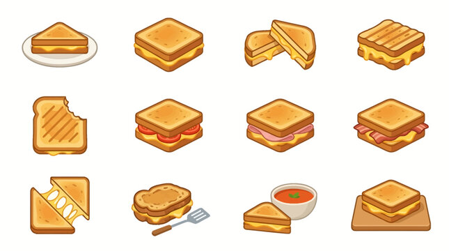 Sleek Collection of Colorful Cartoon Grilled Cheese Sandwich Varieties with Diverse Fillings and Presentation Styles