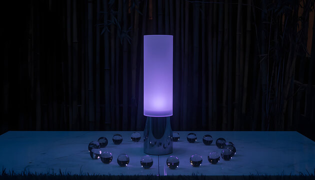 Modern LED table lamp glowing in dark. Minimalist purple light fixture on a table.