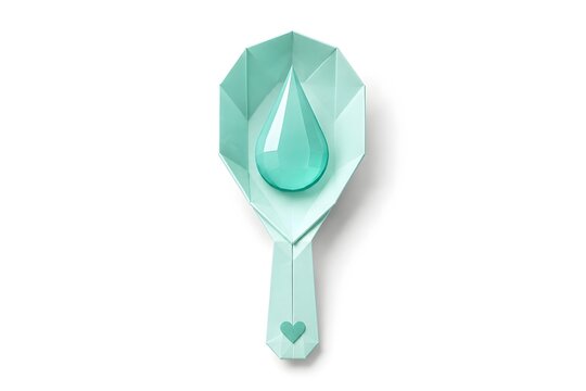 Origami Medicine Spoon with Folded Liquid Drop in Mint Paper Isolated on White Background