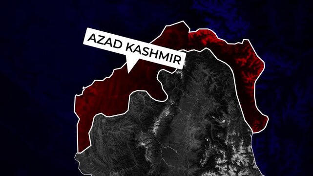 Animated topographic map of Pakistan zooming into a red highlight of the Azad Kashmir region