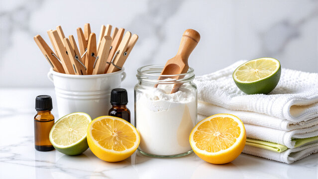 Natural cleaning supplies with lemons and baking soda