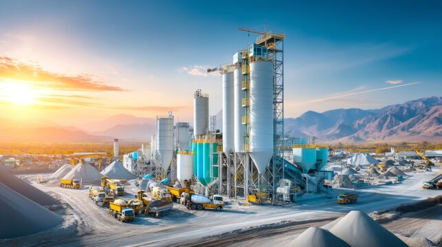Modern industrial cement plant facility with silo towers and heavy machinery