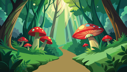 Enchanted forest path with red mushrooms under dappled sunlight vector illustration © CreativeKamrul